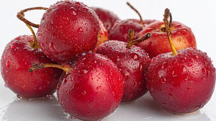 Fresh juicy red Syzygium aqueum fruits, tropical water apples arranged as a healthy snack, high detail, natural texture, vibrant colors, clean white backgroun