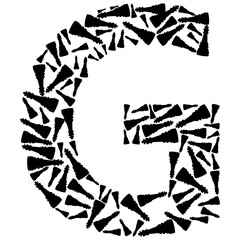 A large letter G formed by a mosaic of black chess pieces, creating a unique artistic representation.