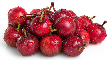 Fresh juicy red Syzygium aqueum fruits, tropical water apples arranged as a healthy snack, high detail, natural texture, vibrant colors, clean white backgroun