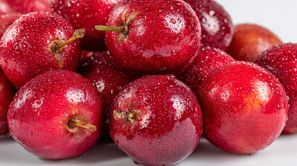 Fresh juicy red Syzygium aqueum fruits, tropical water apples arranged as a healthy snack, high detail, natural texture, vibrant colors, clean white backgroun