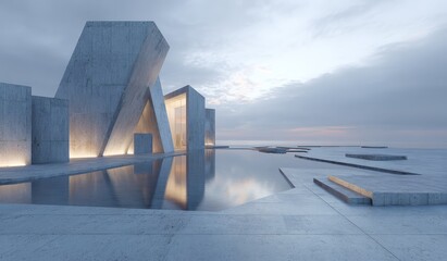 A modern concrete architectural structure with a reflective pool, showcasing minimalist and contemporary design elements.