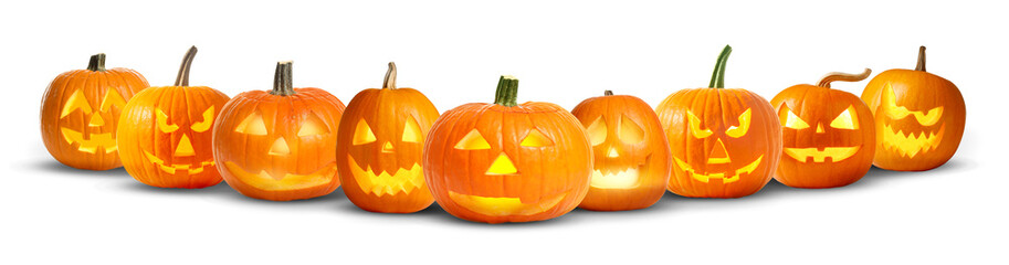 Halloween jack-o-lanterns on white background. Pumpkins with carved spooky faces