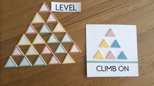 Colorful Triangular Pyramid & Motivational 'LEVEL' 'CLIMB ON' Card for Growth, Progression, and Achievement Concepts