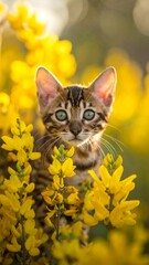 Kitten in yellow flowers