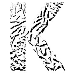 Stylized capital letter K composed of numerous small, irregular black fragments on a white background, creating an abstract mosaic effect.