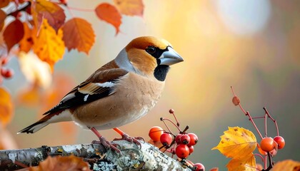 A small, colorful bird perched on a branch amidst autumn leaves and berries
