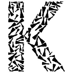 Black and white image of the letter K, composed of many small, abstract shapes.
