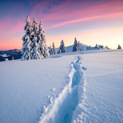 Snowy mountain path at dawn