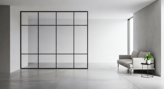 Modern Industrial Loft Interior with Black Framed Glass Divider and Minimalist Furniture - Powered by Adobe