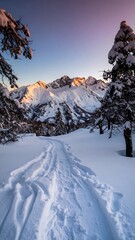 Snowy mountain path at sunrise