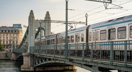 Obraz premium Light rail train crosses an ornate metal bridge over a river