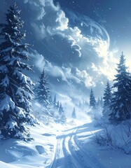 Snowy mountain path under a cloudy sky