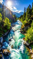 Stunning mountain river flowing through lush greenery