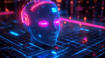 Abstract 3D render of a glowing female cyborg head or android with neon lines on a digital circuit board. Ideal for AI, technology, robotics, or futuristic themed websites and headers.

