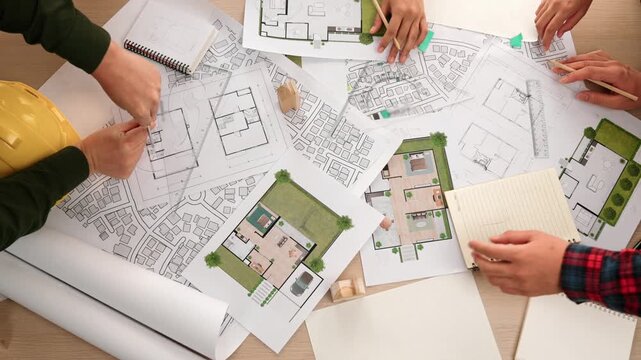 Architect and safety engineer discussion about building construction use blueprint on table with architectural document, measurement tool and wooden block scatter around at modern office. Delineation.