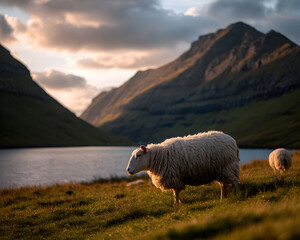Obraz premium Peaceful view to sognefjord valley with grazing sheep at lakeside during golden hour