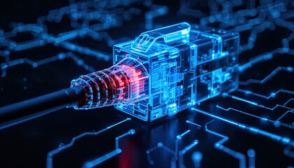 Dynamic network cable plug with glowing digital circuit design, representing high-speed data transfer and connectivity