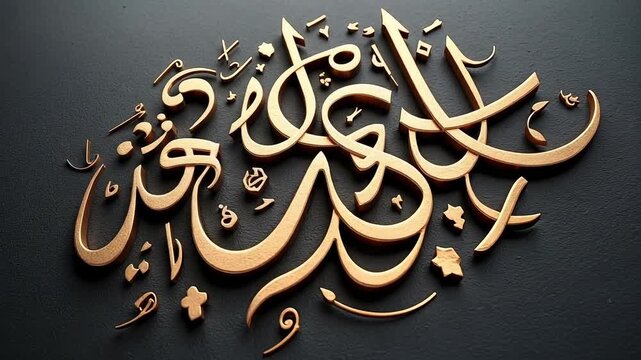 Elegant golden Arabic calligraphy shimmers dynamically on a dark textured background, evoking tradition and luxury in motion