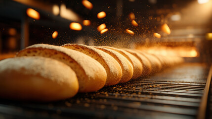 Bread factory, Freshly baked bread rolls with a sprinkling of flour on a conveyor belt.