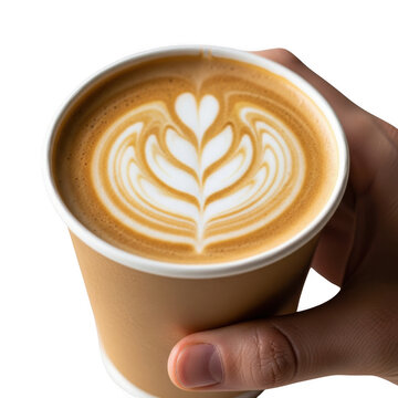Close up of a hand holding a latte with intricate latte art isolated on transparent background