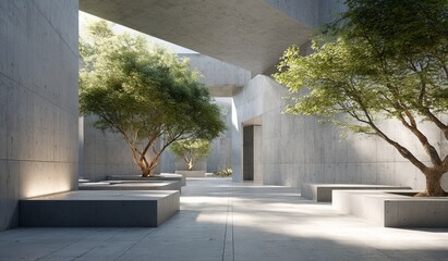 A modern concrete courtyard with trees, showcasing minimalist design and natural light, creating a serene and open space.