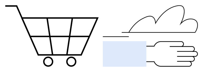 Shopping cart and outstretched hand with a cloud concept. Ideal for e-commerce, digital payment, virtual services, cloud storage, automation, online shopping, and technology. Simple flat metaphor