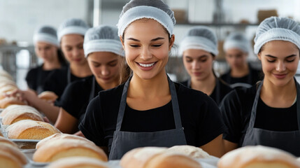 Bread factory, Bakers smiling while arranging fresh bread in a bakery.