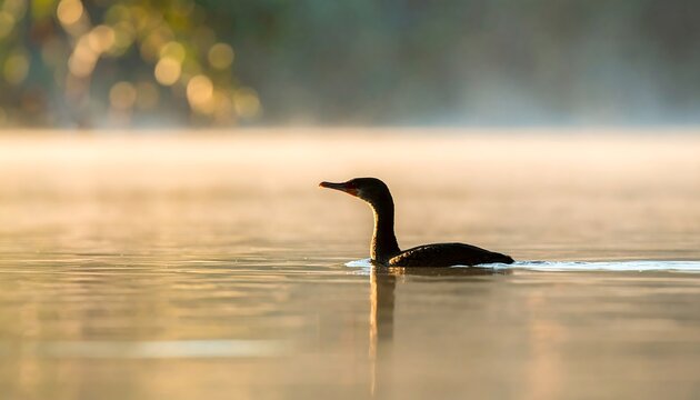 Silhouette of a bird on a misty lake at sunrise
