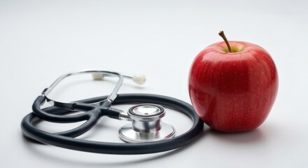 Medical stethoscope next to a red apple on a white background