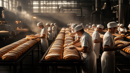 Bread factory, Bakers working diligently in a large industrial bakery setting.