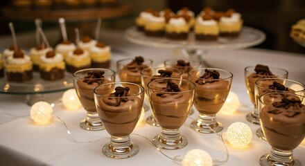 Close up view of a selection of decadent desserts displayed on a table