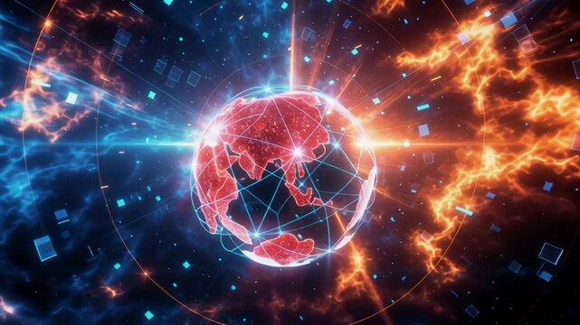 Multipolar world map with glowing energy connections between major power centers representing new geopolitical order and international relations. Epic background wallpaper