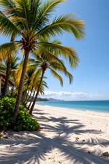 Fototapeta premium Tranquil Tropical Beach with Palm Trees and Turquoise Ocean