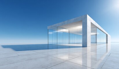 Obraz premium A modern minimalist building with large glass windows stands under a clear blue sky, featuring clean lines and reflective surfaces.