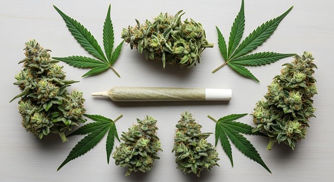 Cannabis arrangement buds with leaves, and and a prerolled joint on a light surface.