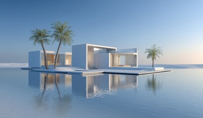 Fototapeta premium A modern minimalist house with palm trees situated on a water surface, showcasing clean lines and serene reflection.