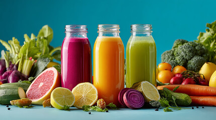 High-quality photo of vibrant fresh juices in transparent glass bottles, surrounded by assorted colorful fruits and vegetables, bright natural lighting, clean background