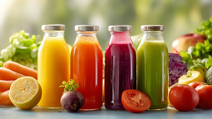 High-quality photo of vibrant fresh juices in transparent glass bottles, surrounded by assorted colorful fruits and vegetables, bright natural lighting, clean background
