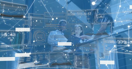 Tech engineer scrolling tablet data peer tracing bars mezzanine colleague joining review discussion - Powered by Adobe