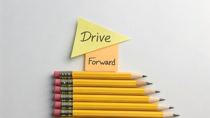 Drive Forward concept with pencils and sticky notes forming an upward arrow, symbolizing progress, motivation, and growth on white background.