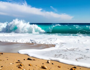 Stunning ocean wave crashing on a sandy beach