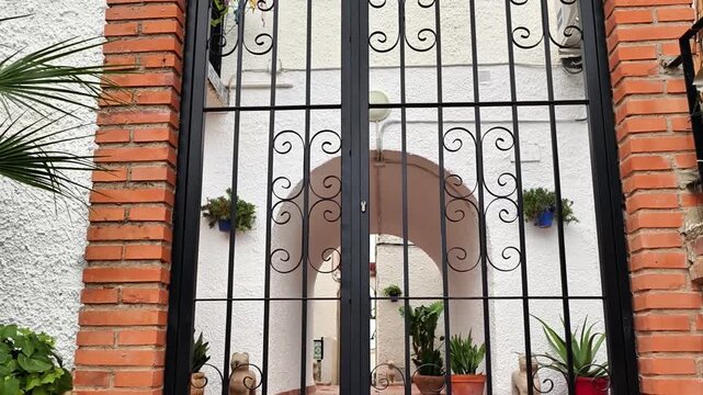 This video features beautifully framed shots of a wrought iron gate in a charming brick setting, highlighting its elegance against rustic walls
