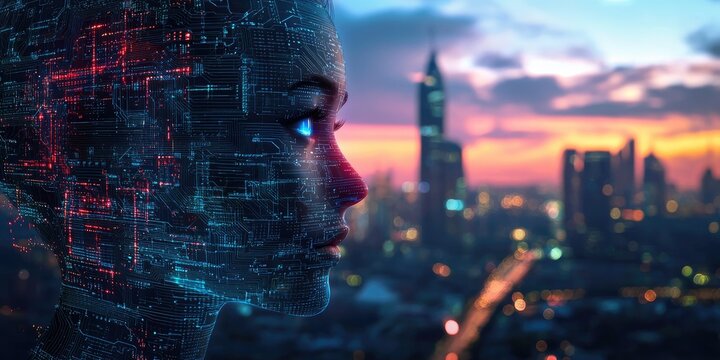 A futuristic, digital woman with glowing red and blue eyes, standing in front of a city skyline at sunset. - Powered by Adobe