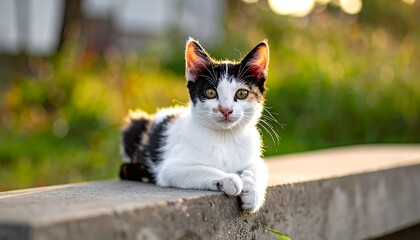 Adorable calico kitten, lying on a concrete ledge, gazing directly at the viewer with a soft expression. Warm sunlight bathes it