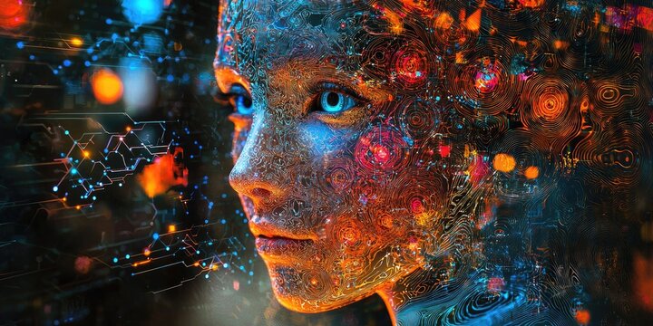 A colorful, intricate digital artwork of a human face with a futuristic, cybernetic design, surrounded by vibrant, abstract patterns and glowing elements.