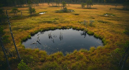 Scenic view of a tranquil pond surrounded by marshland landscape