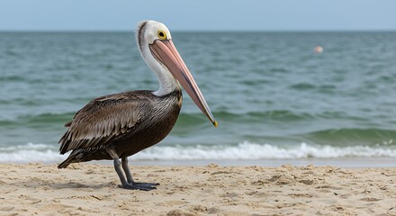 Brown pelican standing on a sandy beach near the ocean water