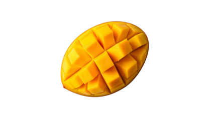 Diced mango, vibrant yellow, cut open, isolated on black background