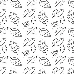 Seamless pattern featuring hand-drawn leaves, acorns, and branches in a monochromatic style, ideal for textile design, wallpapers, and nature-themed projects