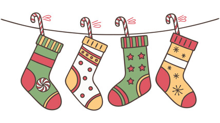 Colorful holiday stockings hanging on a string, featuring festive patterns and designs, creating a cheerful atmosphere for seasonal celebrations and winter festivities